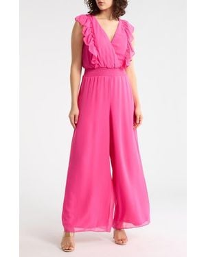 Halogen® Ruffle V-Neck Wide Leg Jumpsuit - Pink