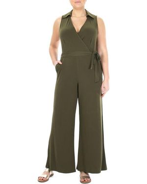Nina Leonard Solid Tie Waist Jumpsuit - Green