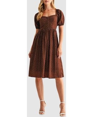 Lush Puff Sleeve Lace Trim Midi Dress - Red