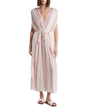 Boho Me Yarn Dye Front Tie V-Neck Cover-Up Dress - Pink
