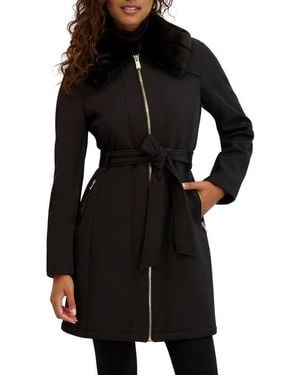 Kensie Faux Fur Collar Water Resistant Belted Softshell Jacket - Black