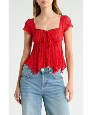 BDG Piper Asymmetric Hem Stretch Lace Top - Red