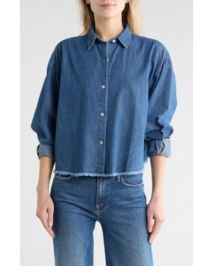 7 For All Mankind Long Sleeve Crop Chambray Button-Up Shirt - Blue