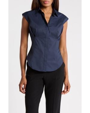 Theory Cap Sleeve Cinched Poplin Shirt - Blue