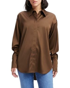 GOOD AMERICAN Stretch Satin Button-Up Shirt - Brown