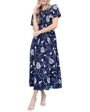 AUGUST SKY Embroidered Smocked Short Sleeve Maxi Dress - Blue