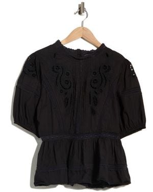Max Studio Embroidered Short Sleeve Cotton Peplum Top - Black