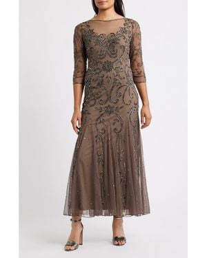Pisarro Nights Beaded Illusion Neck Gown - Brown
