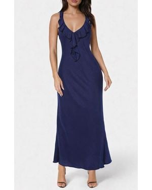 Bebe Crushed Satin Ruffle Halter Dress - Blue