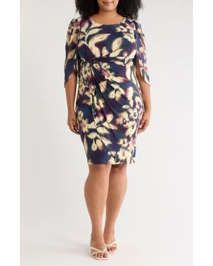 Connected Apparel Cape Sleeve Mock Wrap Dress - Blue