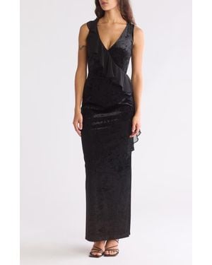 Connected Apparel Ruffle Neck V-Neck Velvet Dress - Black