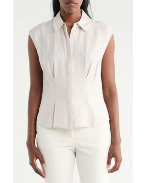 Pleione Cap Sleeve Pleated Button-Up Shirt - White