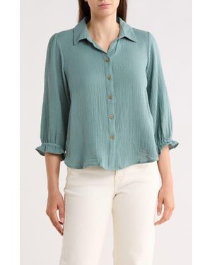 TROVE NEW YORK Sunset Cotton Gauze Button-Up Shirt - Blue