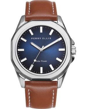 Perry Ellis Solar Powered 3-Hand Quartz Leather Strap Watch, 41Mm - Blue