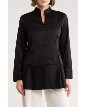 Ming Wang Cotton Blend Peplum Button-Up Shirt - Black