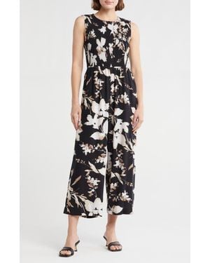 Calvin Klein Floral Sleeveless Smocked Wide Leg Jumpsuit - Black
