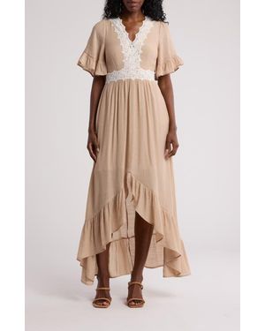 Wishlist Lace Trim High-Low Dress - Natural