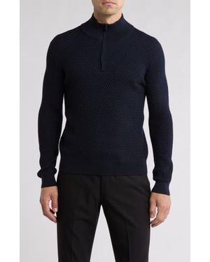 Bruno Magli Textured Merino Wool Quarter Zip Pullover - Blue
