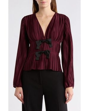 Wayf Bow Long Sleeve Plissé Top - Red