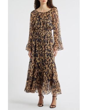 MELLODAY Smocked Bell Sleeve Maxi Dress - Brown