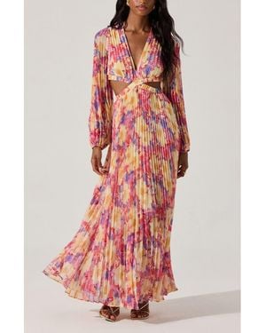 Astr Revery Floral Pleated Cutout Long Sleeve Maxi Dress - Pink