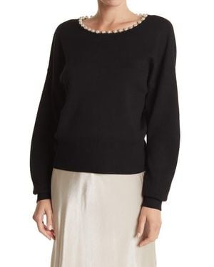 InCashmere Pearly Bead Trim Crew Neck Dolman Crop Sweater - Black