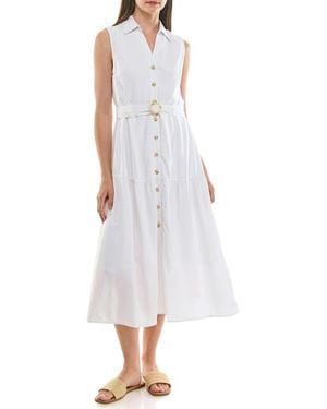 Nicole Miller Sleeveless Belted Linen Shirtdress - White