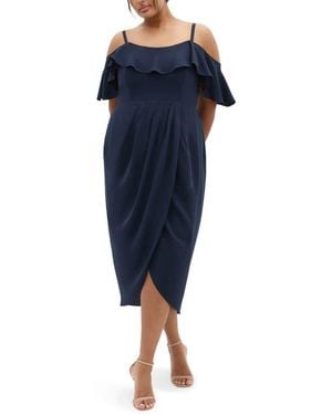City Chic Flirtation Ruffle Off The Shoulder Cocktail Dress - Blue