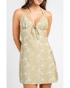 Beivy Floral Embroidered Halter Neck Minidress - Yellow