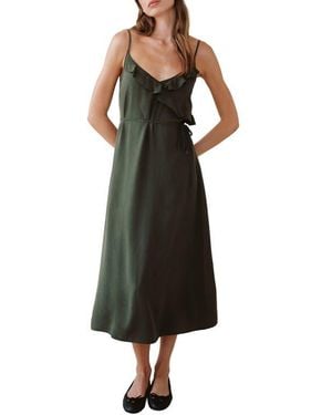 Bella Dahl Ruflfe Faux Wrap Removable Tie Belt Midi Dress - Black