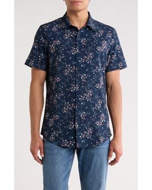 14th & Union Floral Print Short Sleeve Performance Button-Up Shirt - Blue