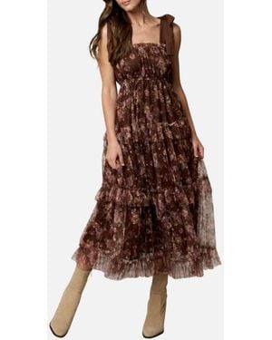 Blu Pepper Tie Strap Ruffle Tiered Floral Chiffon Midi Dress - Brown
