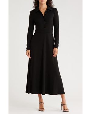 AREA STARS Raya Long Sleeve Rib Midi Dress - Black