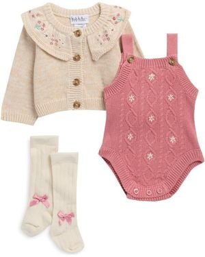 Nicole Miller Floral Detail Sweater Knit Bodysuit, Cardigan & Socks Set - Pink