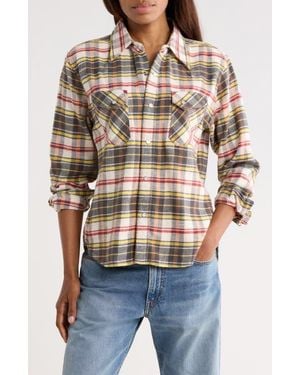 R13 Slim Fit Plaid Flannel Western Shirt - Natural
