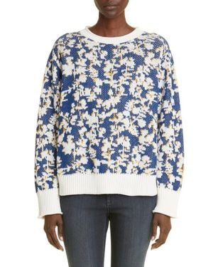 Lafayette 148 New York Floral Jacquard Cashmere & Cotton Blend Sweater - Blue