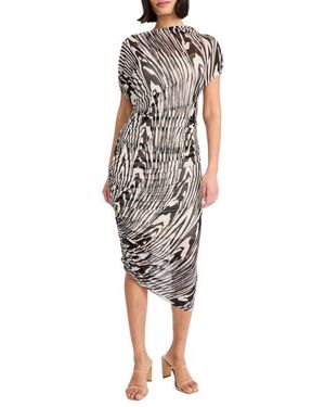 Donna Morgan Bev Asymmetric Short Sleeve Ruched Mesh Midi Dress - Multicolor