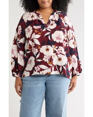 Caslon Floral Long Sleeve Popover Top - Red