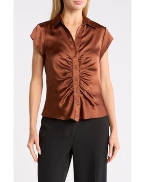 DR2 by Daniel Rainn Ruched Satin Button-Front Cap Sleeve Blouse - Brown
