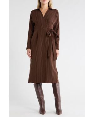 AREA STARS Cass Pinstripe Long Sleeve Wrap Dress - Brown
