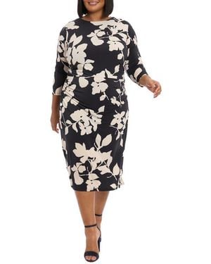 London Times Floral Three-Quarter Sleeve Midi Sheath Dress - Black