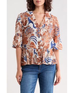 Vince Camuto Bell Sleeve Button Front Peplum Top - Brown