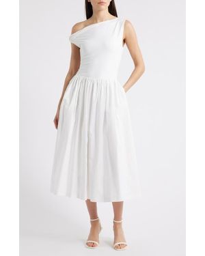 En Saison Mixed Media Asymmetric Neck Midi Dress - White