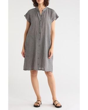 Eileen Fisher Gingham Organic Linen Mandarin Collar Dress - Gray