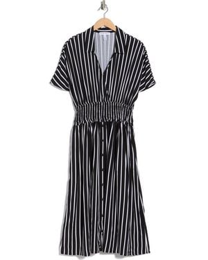 Ellen Tracy Stripe Short Sleeve Smocked Waist Midi Dress - Black