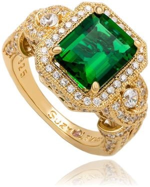 Suzy Levian Emerald Cut Cubic Zirconia Halo Engagement Ring - Green