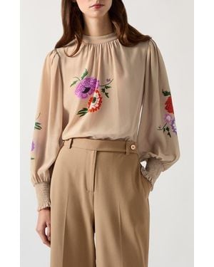 LK Bennett Fleur Motif Silk Top - Natural