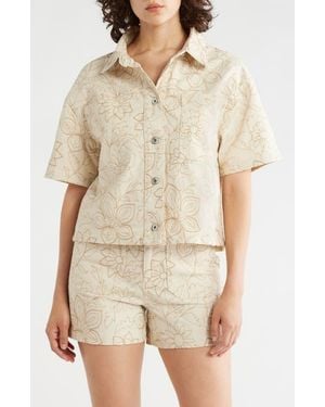 Sanctuary Slow Rider Floral Embroidered Short Sleeve Shacket - Natural