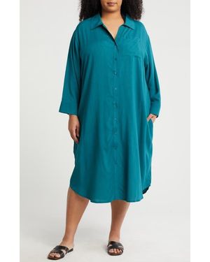 Boho Me Long Sleeve Button-Up Shirtdress - Blue