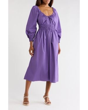 Rebecca Taylor Smocked Cotton Poplin Long Sleeve Dress - Purple